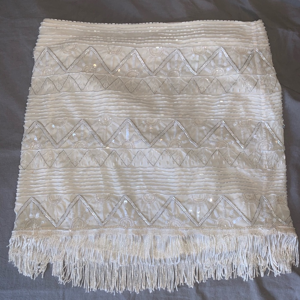 Alice + Olivia Beaded Fringe White Skirt 93% Silk